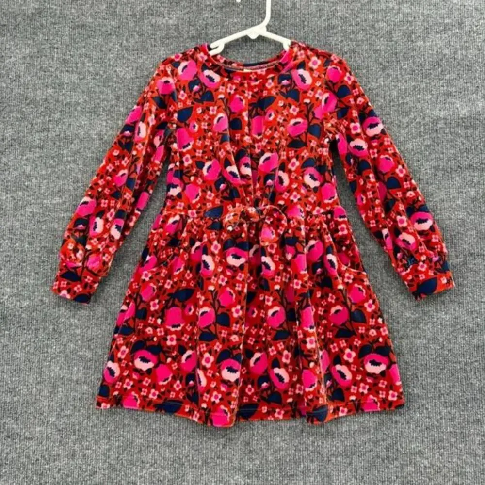Cat & jack Girls Floral Velour Dress Size 5T Burnt Orange Pink Bow Pockets